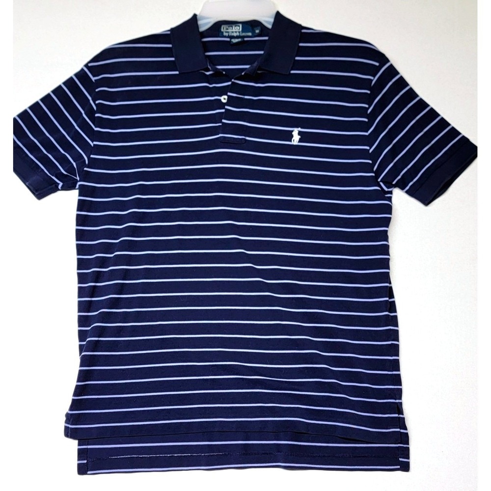 Polo Ralph Lauren Polo Shirt Men Medium‎ Navy Blue Striped Short Sleeve Pique